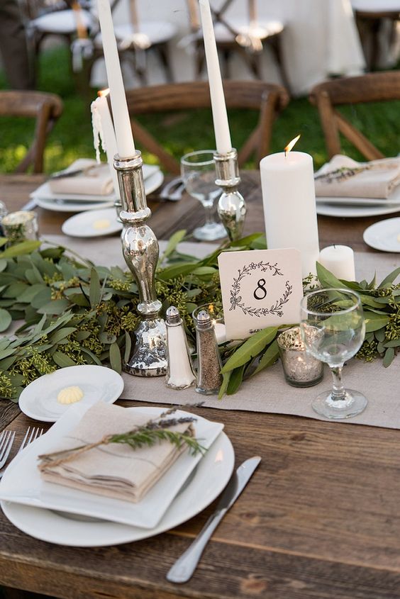 Living table runner with candles for Tuscan inspired wedding ceremony and reception at family farm. Florals by Yellow Canary Floral + Event Design. www.yellowcanaryonline.com 