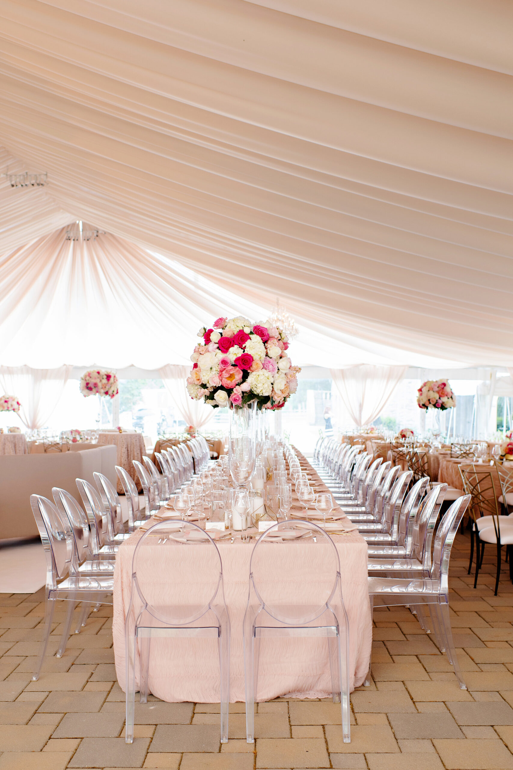  Cincinnati Greenacres Art Center wedding with blush, magenta, white bridesmaids bouquets by Yellow Canary 