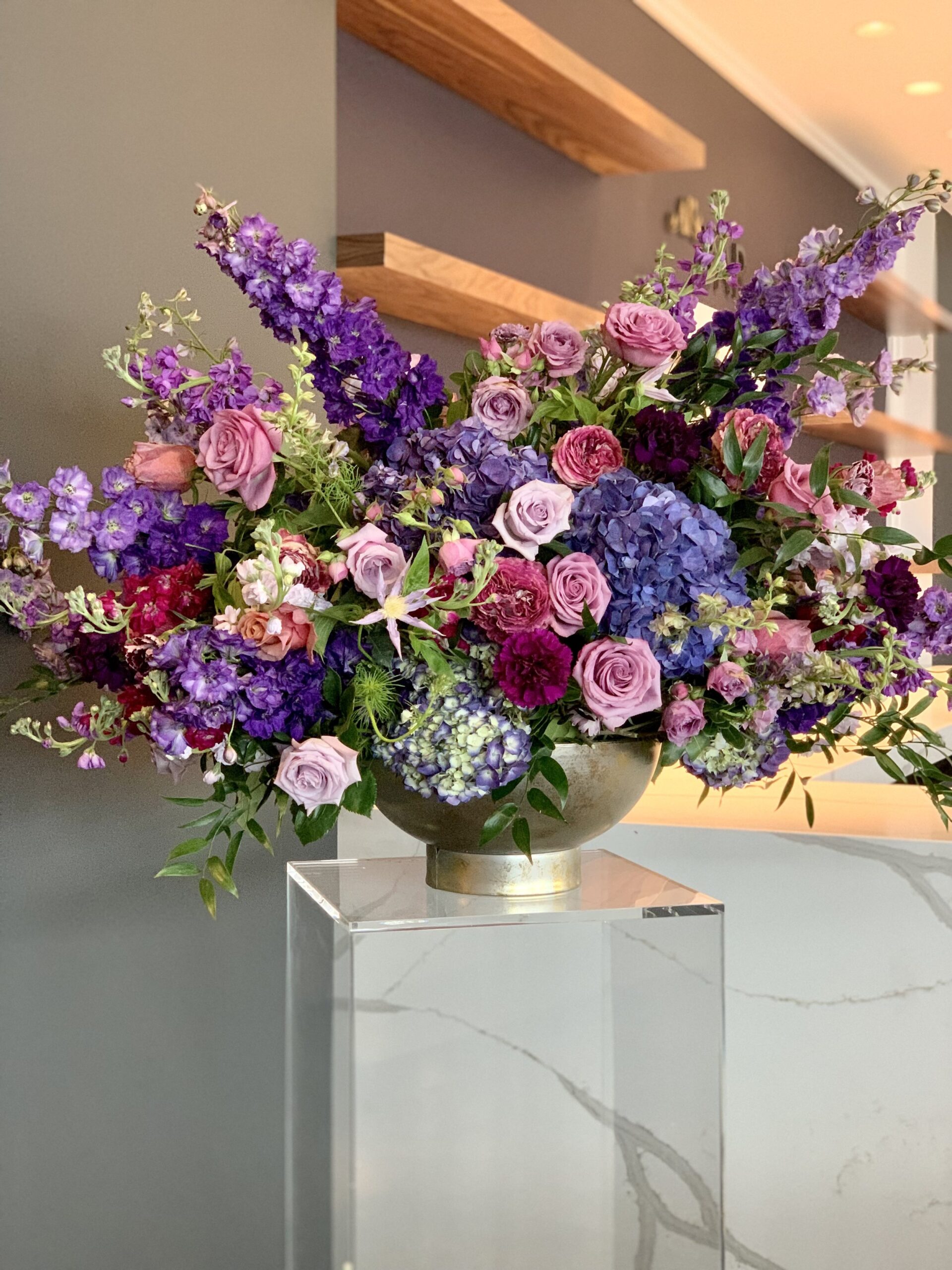 purple and pink arrangement for playhouse in the park