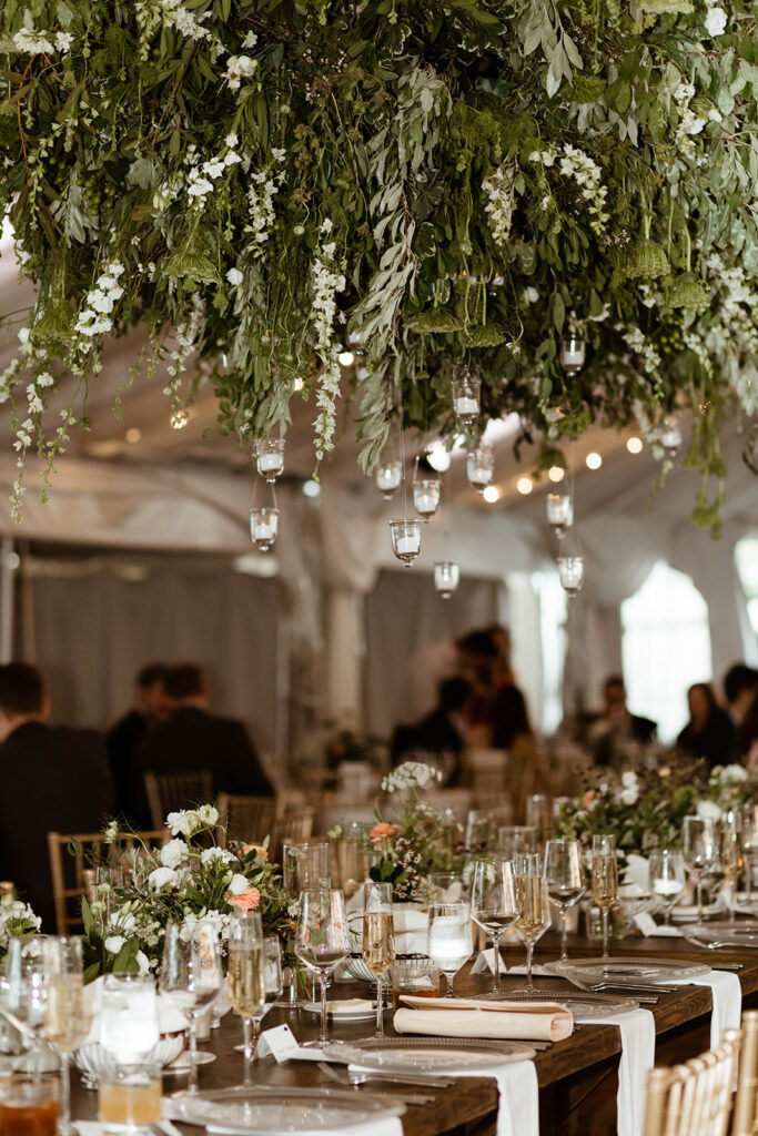 Taft garden party wedding with hanging florals