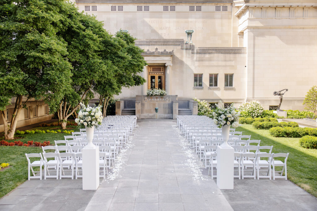 Wedding ceremony and altar at Cincinnati Art Museum's courtyard